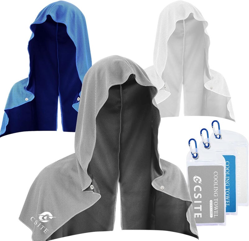 CASITE 3 Pack Cooling Hoodie Towels for Neck and Face, UPF 50 Sun Protection & Instant Cooling, Ice Towels for Hot Weather, Soft Breathable Towel for Sport, Work Out, Gym, Camping & More Activities - Image 1